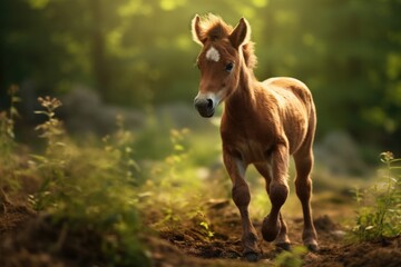 A small brown horse standing on top of a dirt field. This image can be used to depict the beauty of...