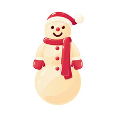 Snowman in Santa hat with red scarf and mittens vector illustration isolated on white background. Bright cartoon detailed winter element for holiday patterns, greeting cards,  packaging, design