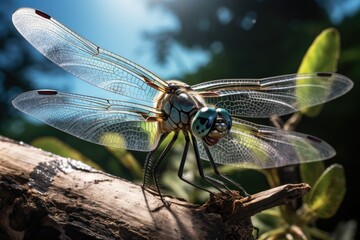 A close-up photograph of a dragonfly perched on a branch. 