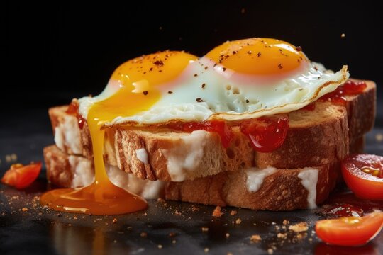 A piece of toast topped with two perfectly cooked eggs. This versatile image can be used to depict a delicious breakfast or brunch dish.