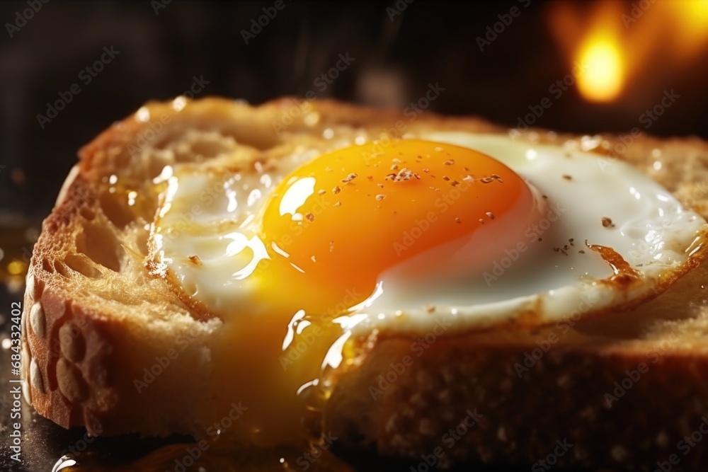 Poster a simple and delicious piece of bread topped with a perfectly cooked egg. this versatile image can b