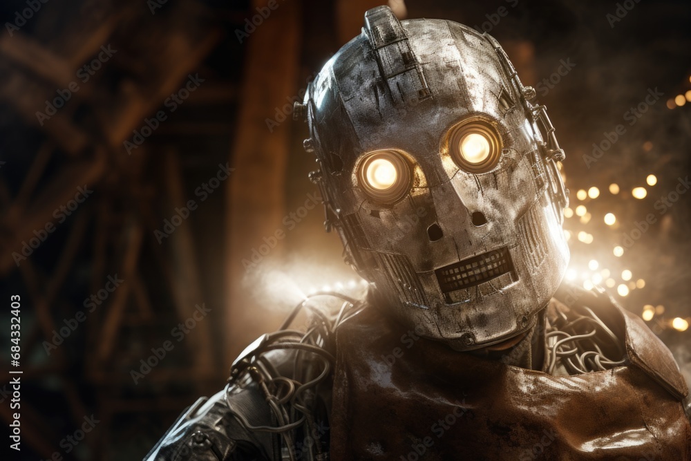 Poster a detailed close-up image of a robot with glowing eyes. this picture can be used to depict futuristi