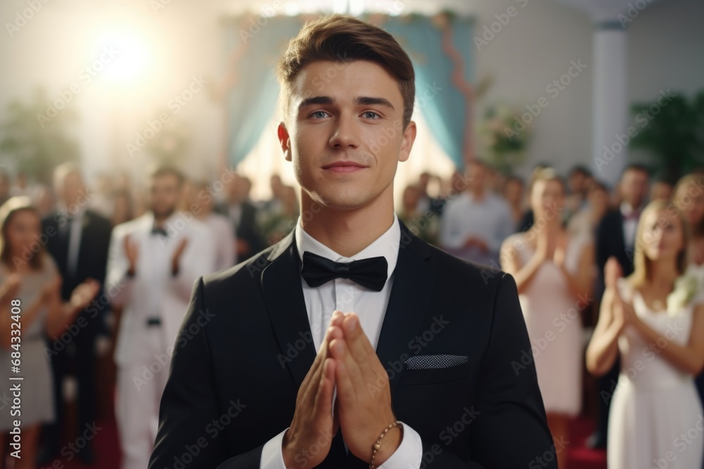 Poster a man wearing a tuxedo stands confidently in front of a large crowd. this image can be used to repre