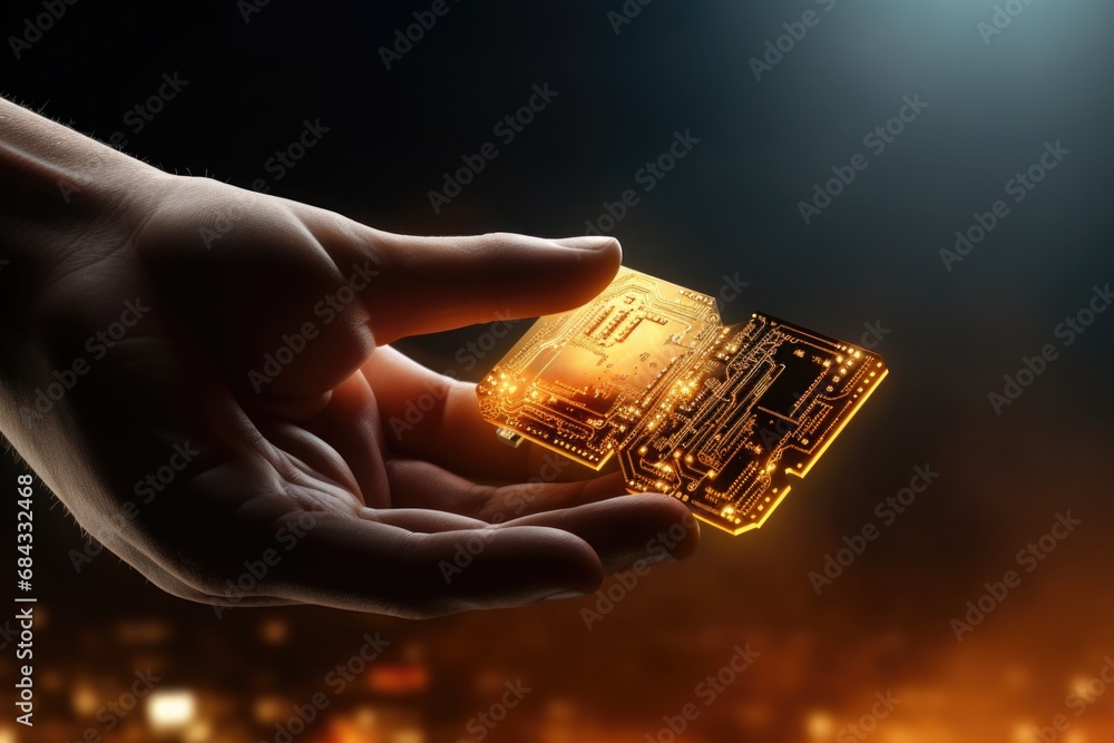 Poster a person holding a circuit board in their hand. this image can be used to illustrate technology, ele