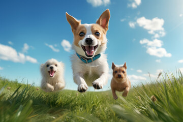 Cute pet dogs run around happily on the green grass on a sunny afternoon. A healthy, happy and lively dog. - obrazy, fototapety, plakaty