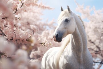 A white horse standing gracefully in front of a beautiful bunch of pink flowers. 