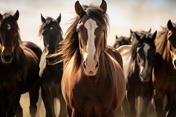 A group of horses walking together across a dirt field. Suitable for various uses.