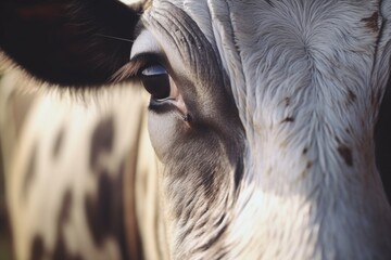 A close up view of a cow's face with a blurry background. This image can be used in various contexts, such as agriculture, farming, or animal photography.