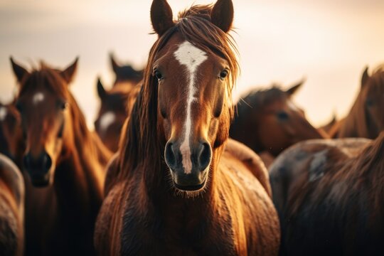 A group of brown horses standing next to each other. This image can be used to depict a herd of horses, farm life, or equestrian activities.