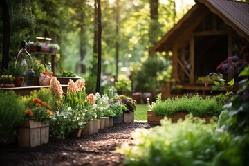 Wooden Raised Beds in Modern Garden with Herbs, Spices, and Flowers Near Countryside House