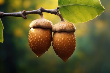 Two acorns are seen resting on a tree branch, surrounded by vibrant green leaves. This image can be...