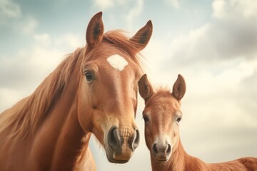 Two horses standing next to each other in a field. Perfect for equestrian enthusiasts or farm-themed designs.
