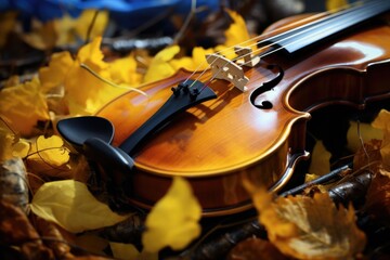 A violin sits gracefully on top of a pile of colorful autumn leaves. This image can be used to depict the beauty of nature combined with the elegance of music.