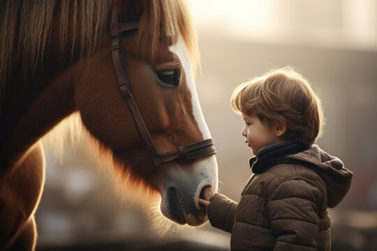 A young boy is gently petting the nose of a horse. This heartwarming image captures the bond between humans and animals. Perfect for illustrating themes of friendship, trust, and love for nature.