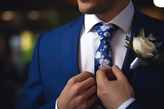 A man in a blue suit carefully adjusts his tie. This professional image can be used to portray confidence, elegance, or preparation for a formal event.