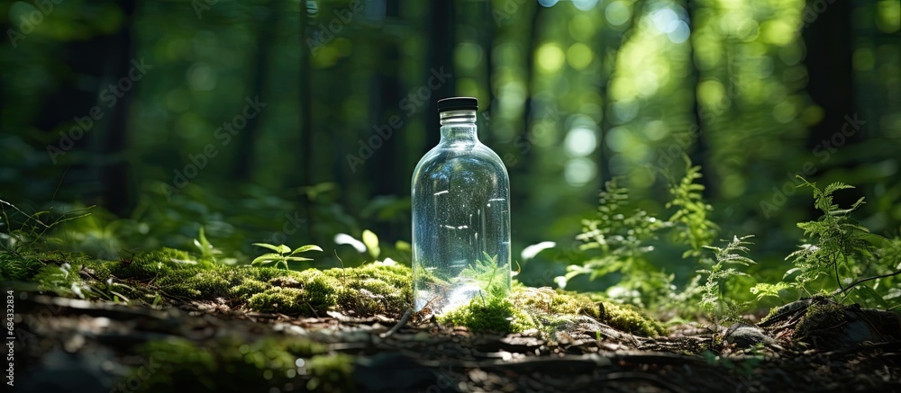 Poster a clear bottle in the forest represents pollution from non-decomposing waste, emphasizing the need f