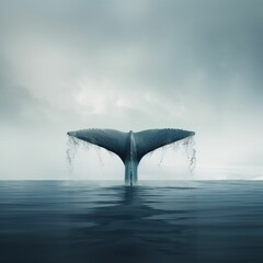 AI generated illustration of a majestic whale tail emerging from the vast ocean - obrazy, fototapety, plakaty