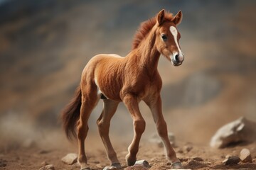 A small brown horse standing on top of a dirt field. This image can be used to depict rural landscapes or farm animals.