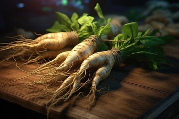 A bunch of parsnips sitting on top of a wooden table. Perfect for food and cooking related projects. - obrazy, fototapety, plakaty