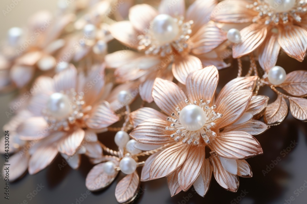 Poster a close-up view of a beautiful bunch of flowers adorned with delicate pearls. this image is perfect 
