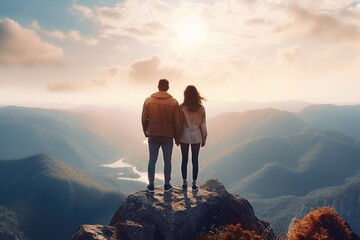 A picture of two individuals standing on top of a mountain. 