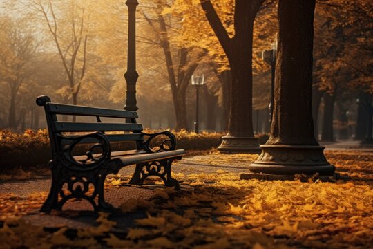 A park bench sitting in the middle of a leaf-covered park. This image can be used to depict the beauty of nature and provide a peaceful and serene atmosphere.
