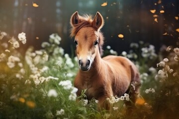 A beautiful brown horse standing gracefully in a field of white flowers. 