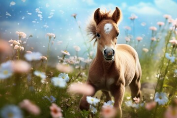 A small horse standing in a beautiful field of colorful flowers. This image can be used to depict the beauty of nature or as a symbol of freedom and tranquility.