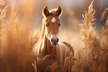 A brown horse standing in a field of tall grass. Suitable for nature, animals, and rural themes. - Powered by Adobe