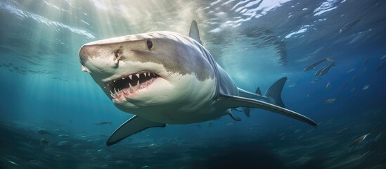 Obraz premium A globally found, slow-moving, planktivorous shark with a massive caudal fin can swim in shallow water in Indonesia and reach lengths over 15 meters.