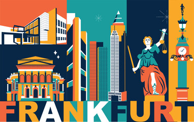 Typography word “Frankfurt” branding technology concept. Collection of flat vector web icons. Culture travel set, famous architectures, specialties detailed silhouette. German famous landmark