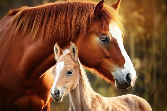 A heartwarming image of a mother horse and her adorable foal in a beautiful field. Perfect for illustrating the bond between mother and child or for showcasing the beauty of nature.