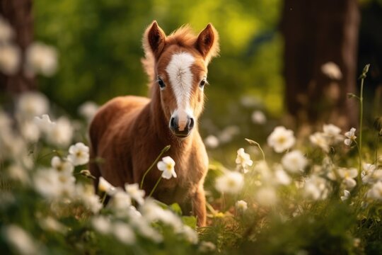 A beautiful image of a small horse standing gracefully in a field of colorful flowers. Perfect for nature enthusiasts and animal lovers.