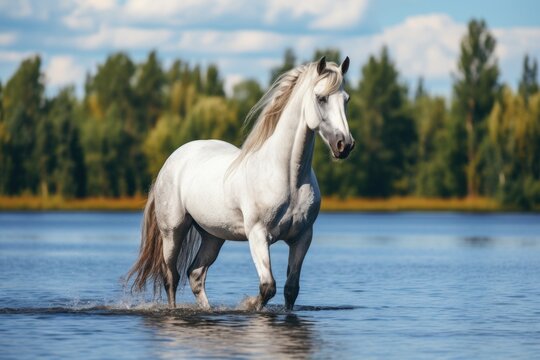 A stunning image of a white horse gracefully walking through a body of water. Perfect for adding a touch of elegance and beauty to any project or design.