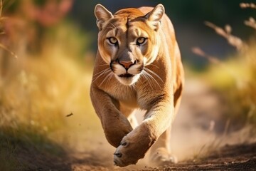 A powerful mountain lion running gracefully along a dirt road. This image captures the strength and agility of this majestic creature. Perfect for nature and wildlife enthusiasts.