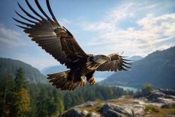 A captivating image of a large bird gracefully flying over a vibrant and lush green hillside. Perfect for nature enthusiasts and those seeking images of serene landscapes.