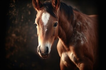 A close-up view of a horse's face with a blurry background. This image can be used to depict the beauty and strength of horses or to illustrate concepts such as freedom, nature, or farm life.