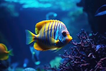 A fish gracefully swimming in a tank. This image can be used to depict aquatic life, pet care, or the tranquility of a home aquarium.