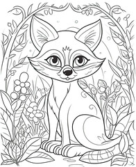 Black and white illustration for coloring animals, fox.