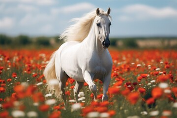 A beautiful white horse galloping through a vibrant field of colorful flowers. Perfect for nature lovers and horse enthusiasts.