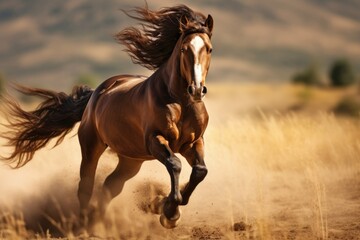 Fototapeta premium A powerful horse running in a vast field with a majestic mountain in the background. 
