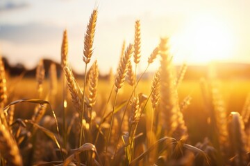 A stunning image of a field of wheat with the sun setting in the background. Perfect for capturing...