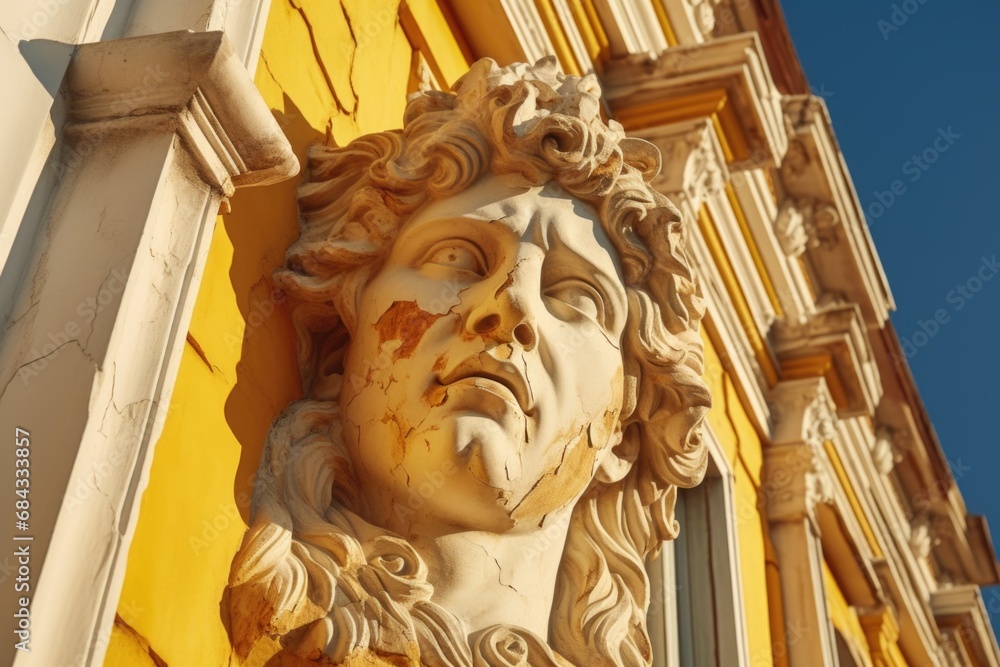 Poster a close-up view of a face on a building. this image can be used to add a unique touch to architectur