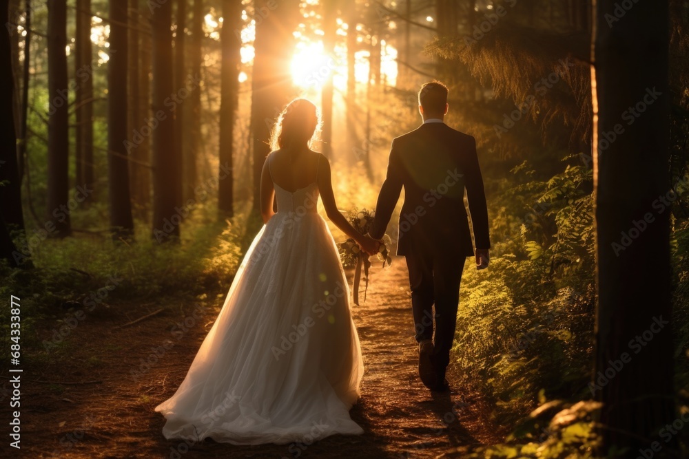Poster a picture of a bride and groom walking down a path in the woods. this image can be used to depict a 