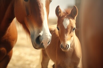 A baby horse stands next to an adult horse. This picture captures the beauty of the bond between a young horse and its parent. Perfect for illustrating the concept of family, growth, and nurturing.