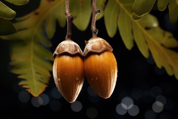 Two acorns hanging from a tree branch. Perfect for nature and autumn-themed designs.