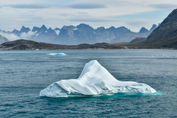 Icebergs float in Prince Christian Sound in late summer in Greenland.