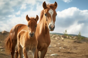 Fototapeta premium Two brown horses standing next to each other on a dirt field. Suitable for equestrian, nature, and animal-related projects.