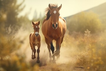 Fototapeta premium A dynamic image of a couple of brown horses running down a dirt road. 