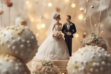 A beautifully decorated wedding cake featuring a bride and groom figurine on top. Perfect for wedding celebrations and cake cutting ceremonies.